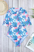 Load image into Gallery viewer, Blue Leaves Zip Front Half Sleeve One Piece Swimsuit
