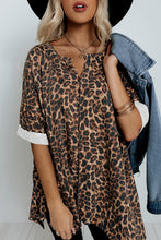 Load image into Gallery viewer, V Notch Rolled Cuffs Loose Leopard Top

