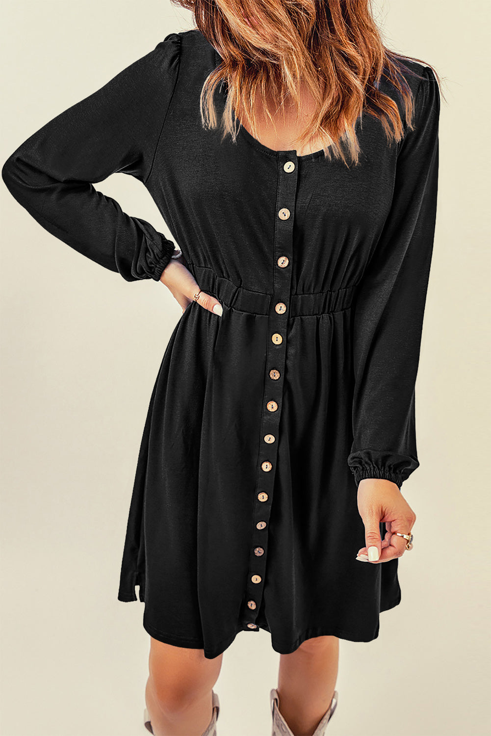 Black Button Up High Waist Long Sleeve Dress
