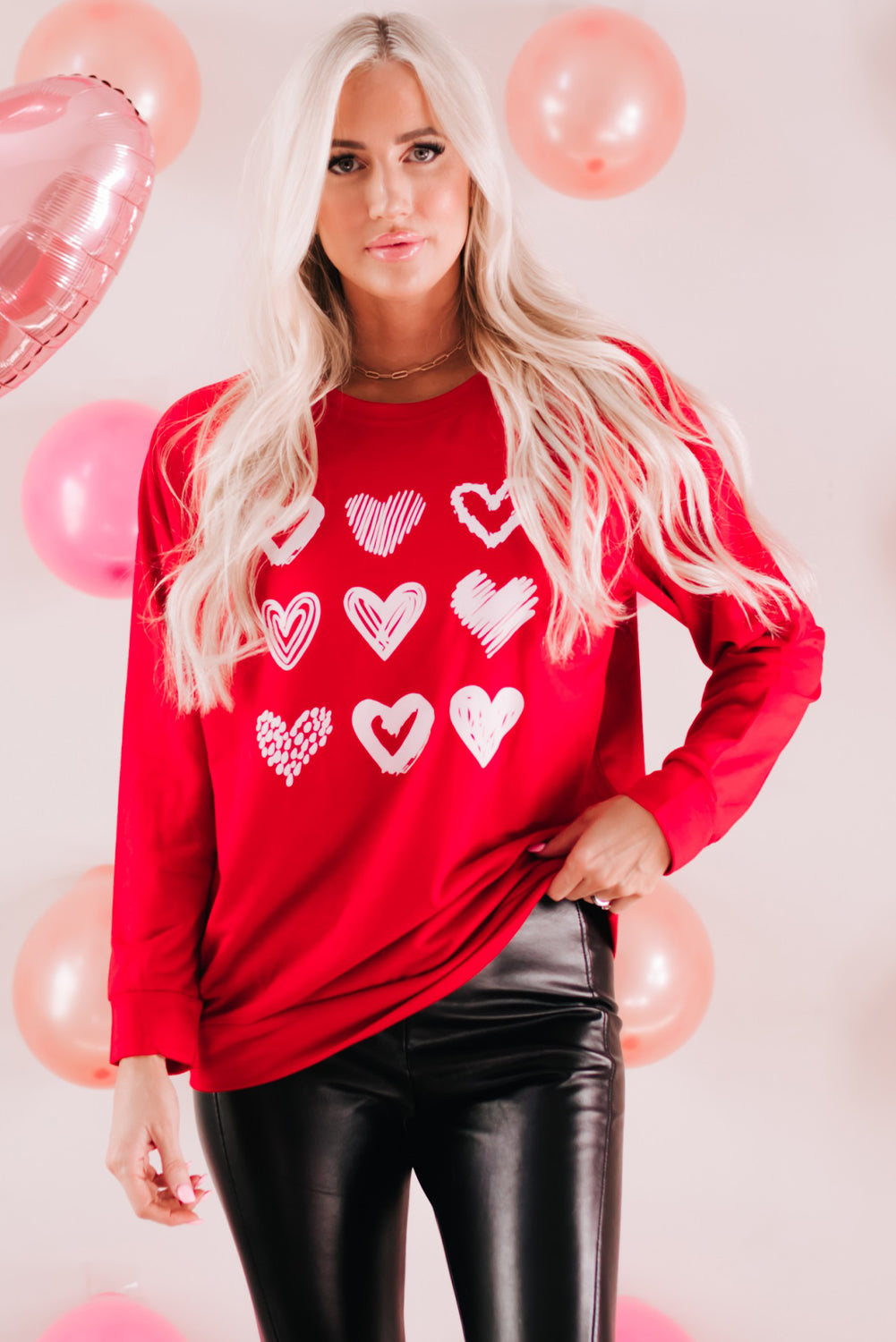 Hearts Print Crewneck Long Sleeve Sweatshirt
