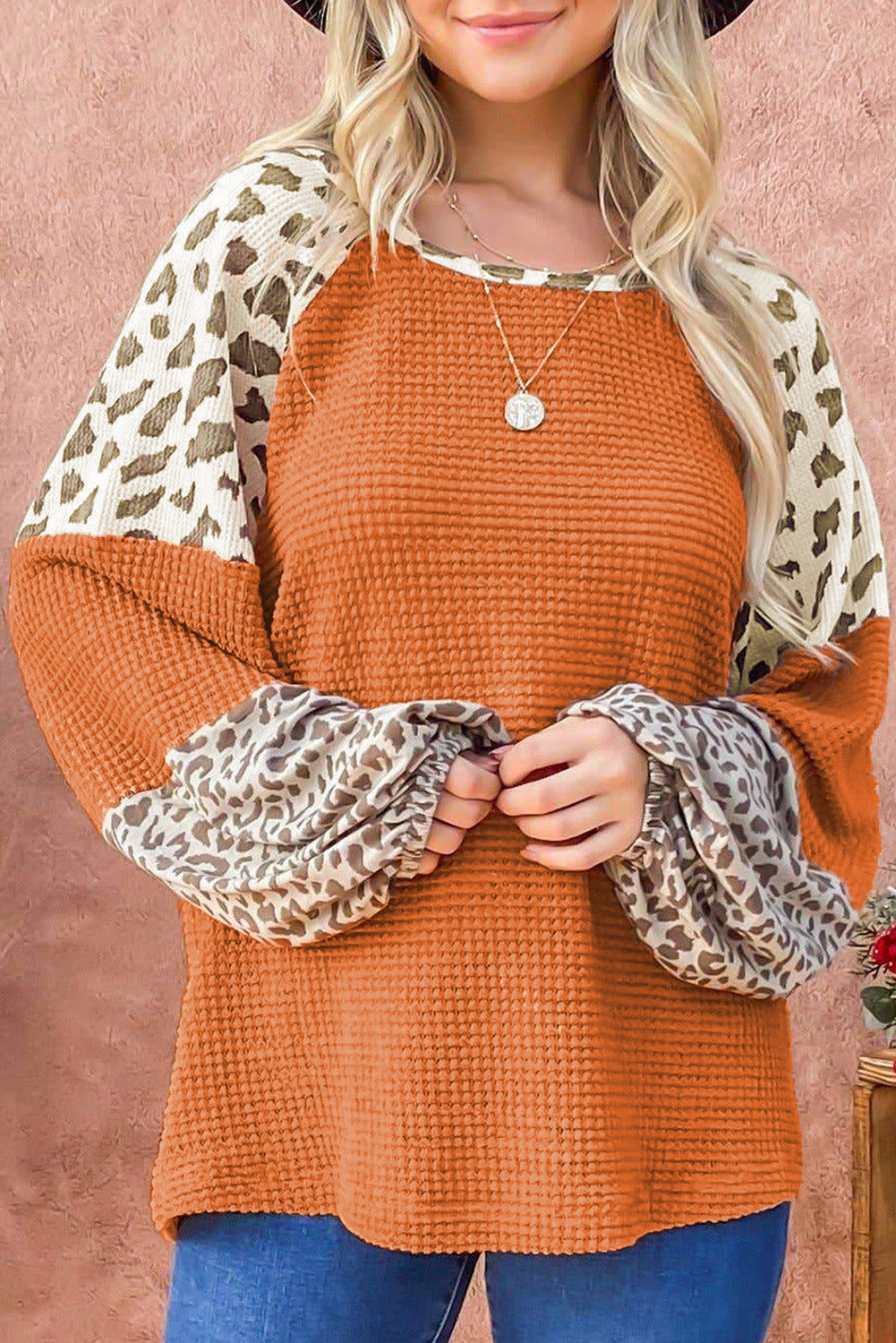 Leopard Colorblock Waffle Knit Top