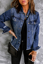 Load image into Gallery viewer, Lapel Distressed Raw Hem Buttons Denim Jacket
