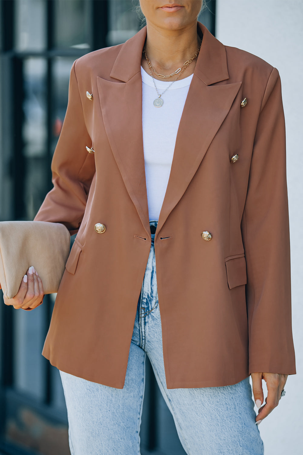 Double Breasted Lapel Long Sleeve Blazer