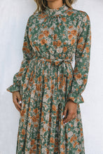 Load image into Gallery viewer, Pleated Long Sleeve Maxi Floral Dress with Tie

