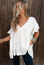 Load image into Gallery viewer, Contrast Knit Splicing V Neck Studded Blouse
