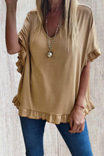 Load image into Gallery viewer, Khaki Ruffle Trim Short Sleeve Oversize Blouse
