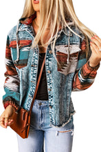 Load image into Gallery viewer, Multicolor Aztec Print Frayed Hem Denim Jacket
