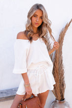 Load image into Gallery viewer, Relaxed V Neck Blouse and Drawstring Raw Hem Shorts Set
