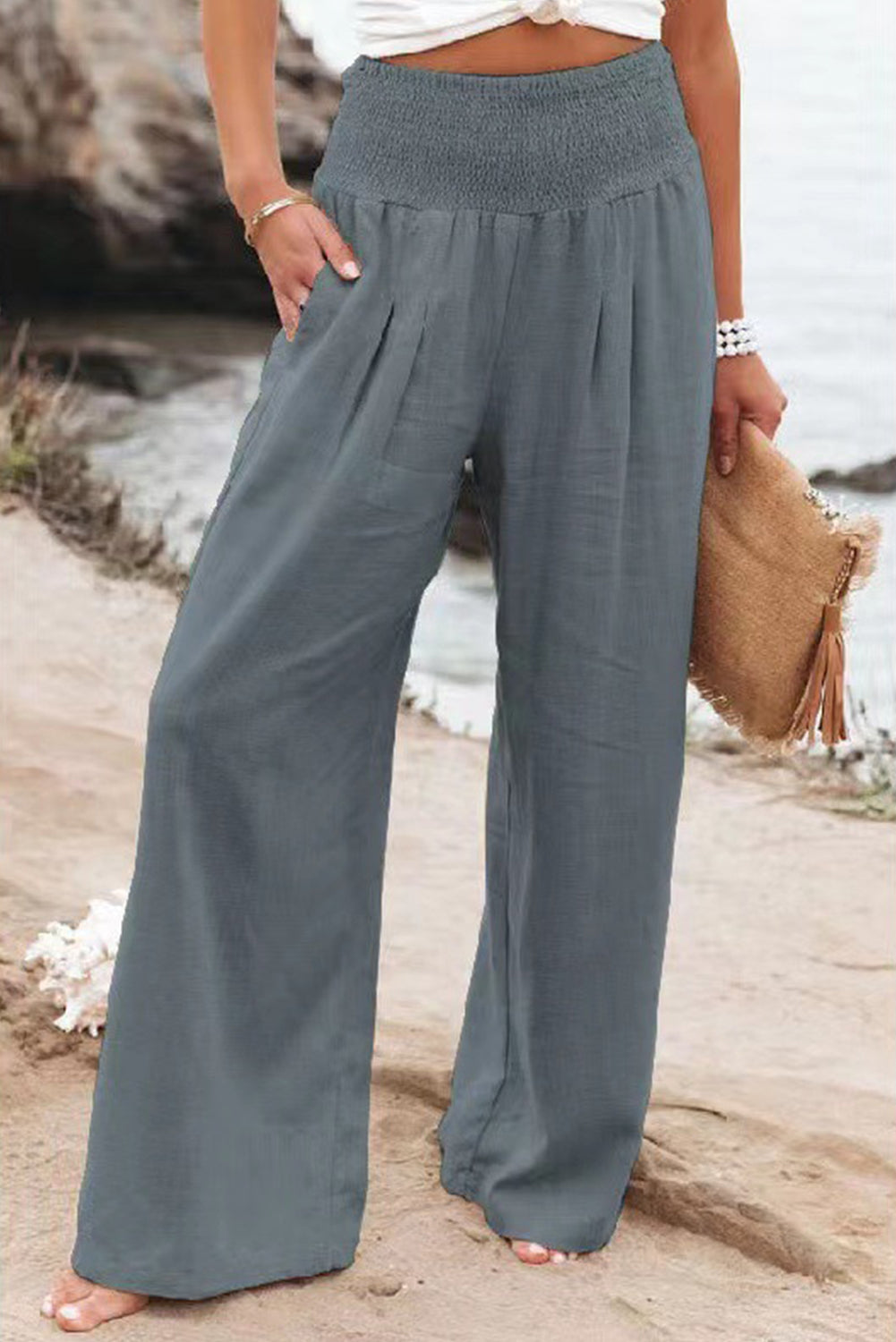 Smocked Wide Waistband High Waist Wide Leg Pants