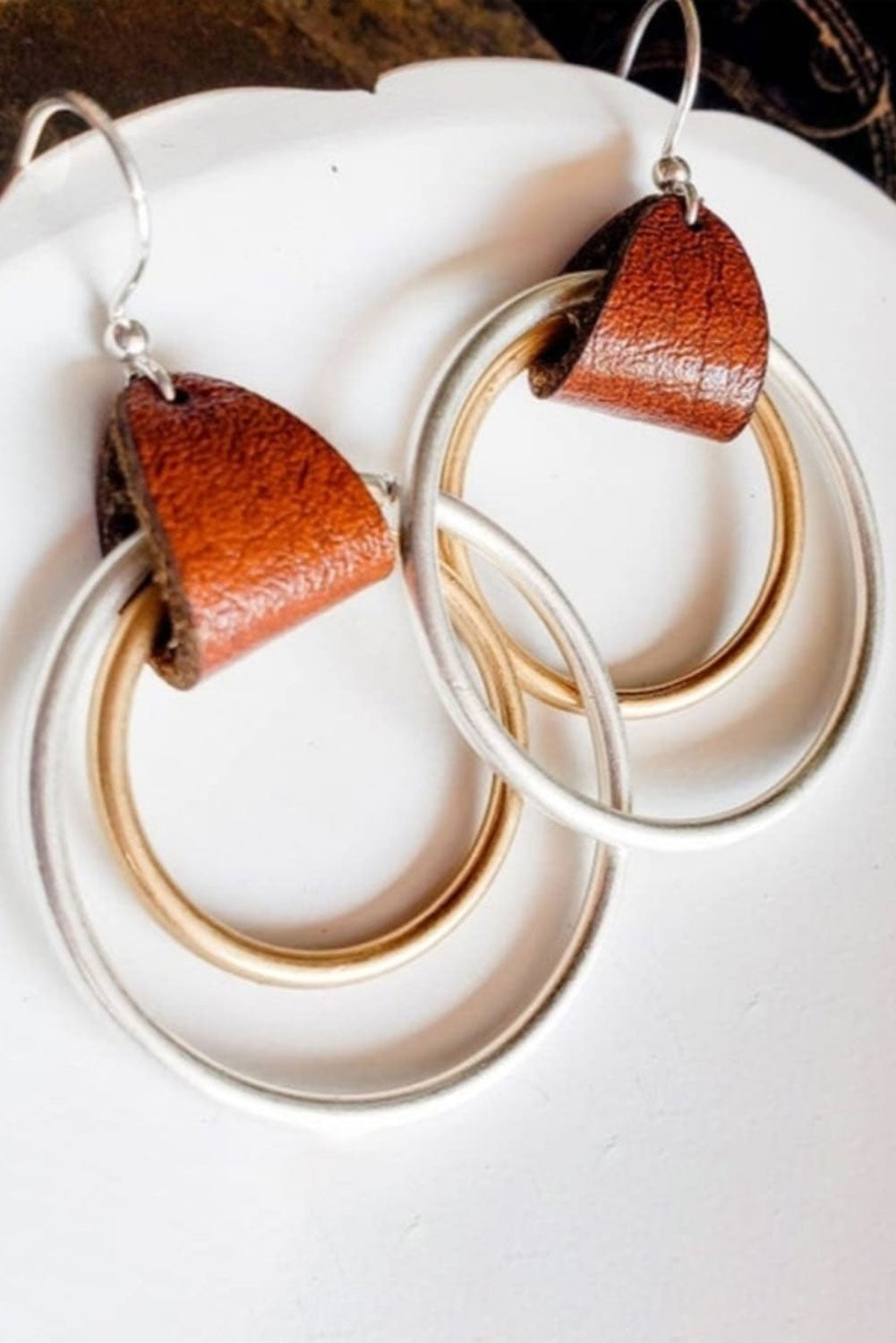 Leather Accent Circles Geometric Earrings
