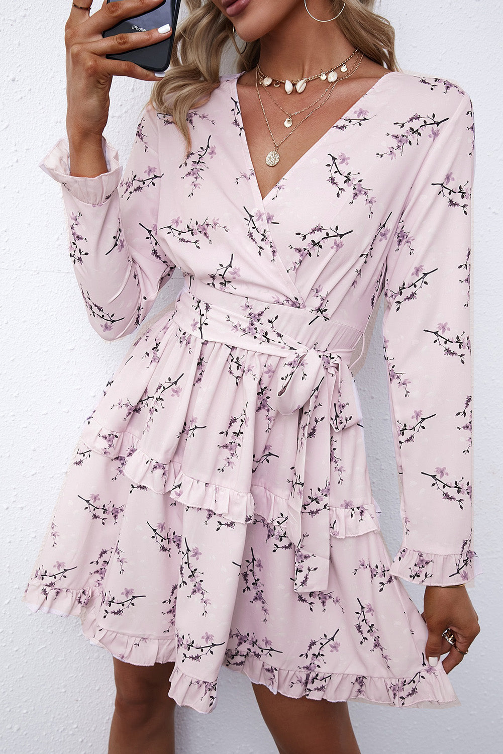 Floral Print Ruffle Hemline Wrap Mini Dress