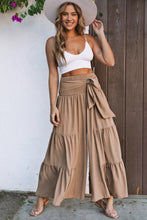 Load image into Gallery viewer, Khaki Lace up Smocked Waist Tiered Wide Leg Pants
