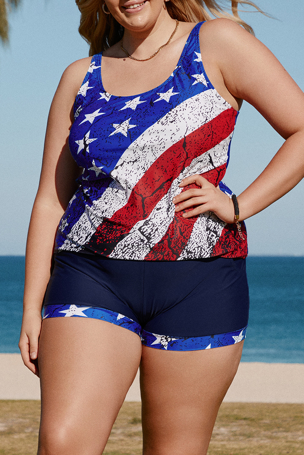 Multicolor Multicolor American Flag Print Tankini Plus Size Swimwear