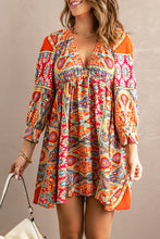 Load image into Gallery viewer, Multicolour V Neck 3/4 Sleeve Bohemian Vintage Print Mini Dress
