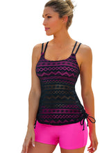 Load image into Gallery viewer, Color Block Lace Drawstring Tie Tankini Set
