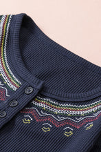 Load image into Gallery viewer, Navy Blue Embroidered Round Neck Waffle Top
