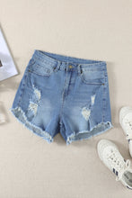 Load image into Gallery viewer, Light Blue Frayed Hem Denim Shorts
