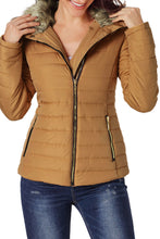Load image into Gallery viewer, Camel Faux Fur Collar Trim Black Quilted Jacket
