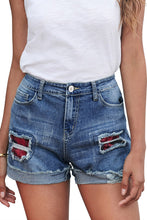 Load image into Gallery viewer, Plaid Patchwork Rolled Hem Denim Shorts
