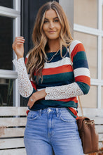 Load image into Gallery viewer, Green Striped Lace Splicing Long Sleeve Top
