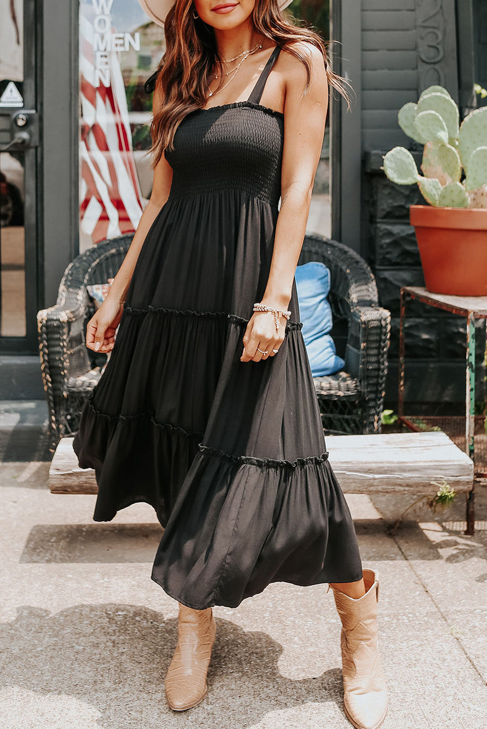 Tie Strap Smocked Frill Tiered Midi Dress