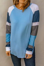 Load image into Gallery viewer, Color Block Long Sleeves Blue Pullover Top
