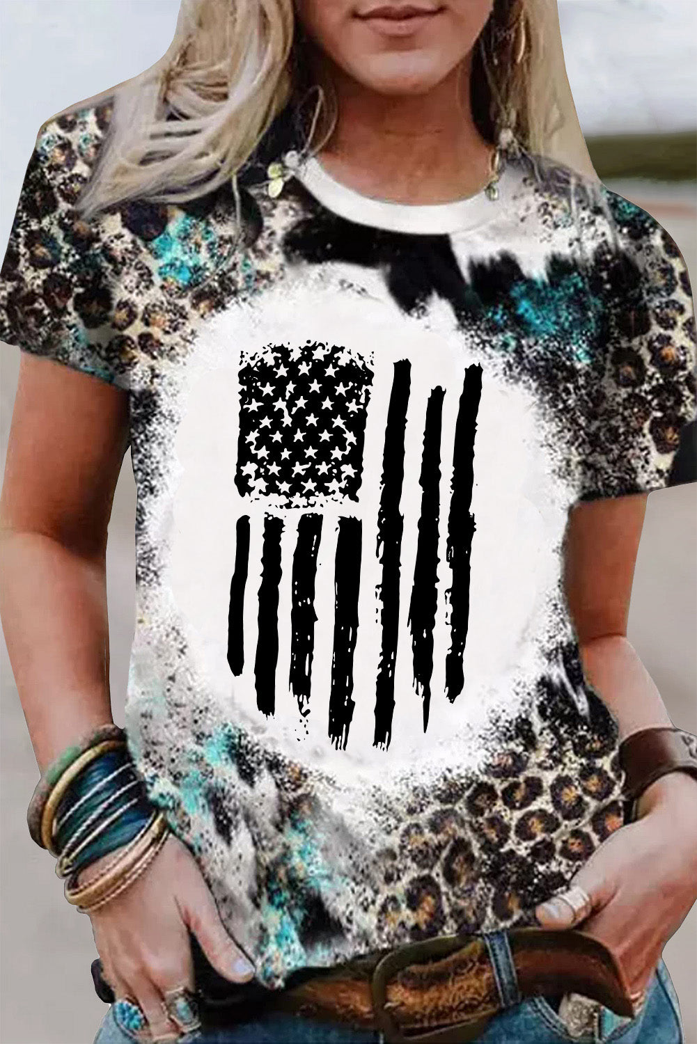 Retro Flag Graphic Western Bleached T Shirt