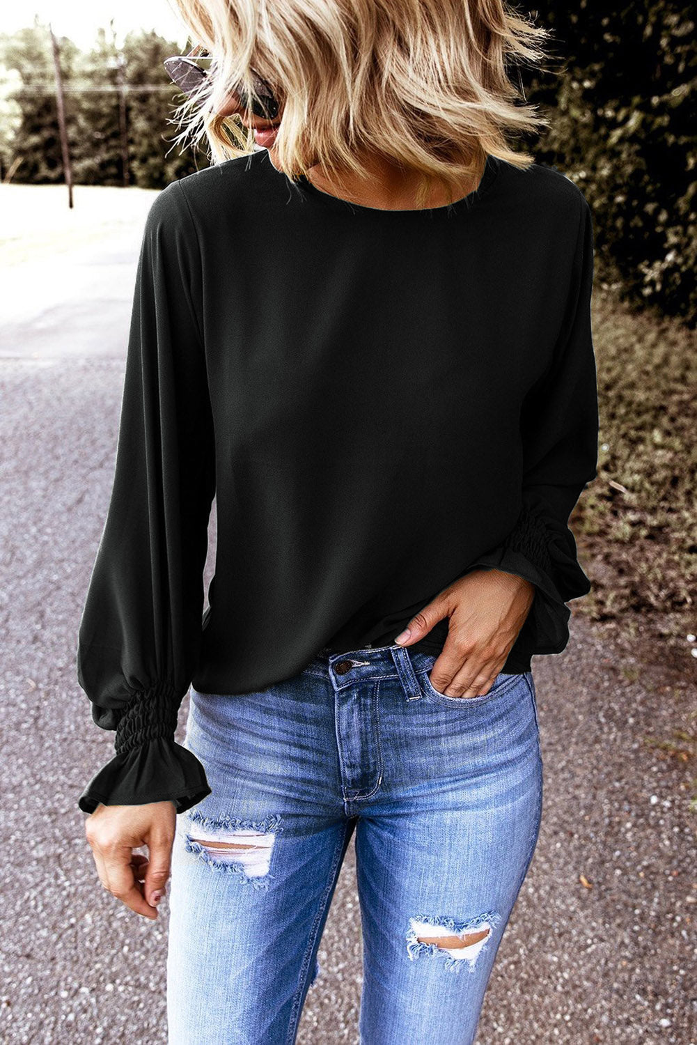 Crew Neck Ruffle Bubble Sleeve Top