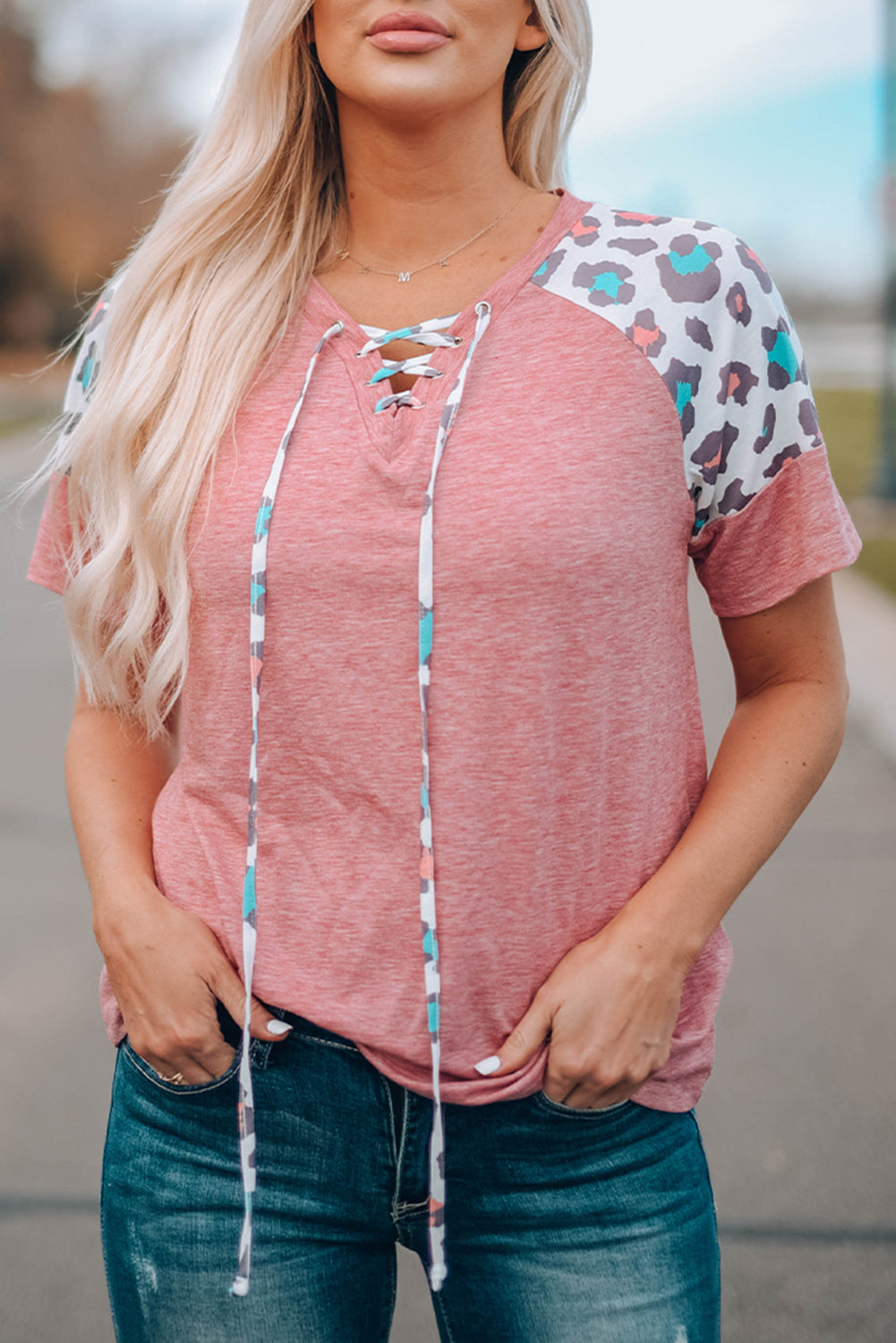 Lace up Leopard Sleeve T Shirt
