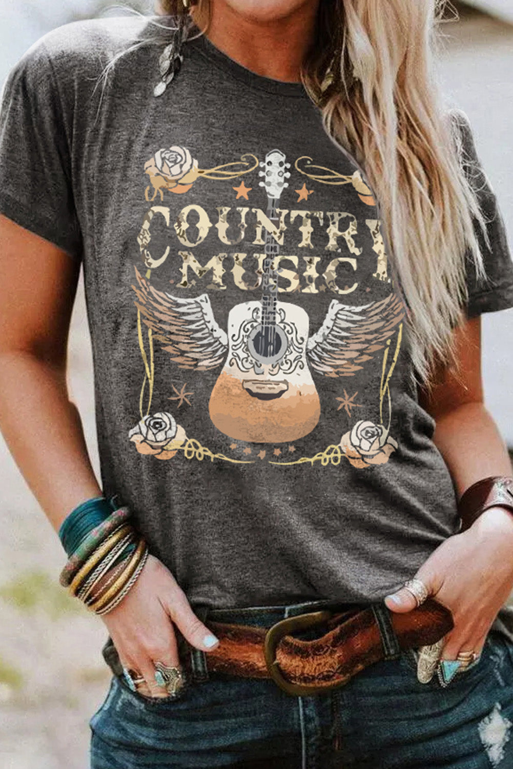 COUNTRY MUSIC Guitar Graphic Print Short Sleeve T Shirt