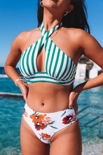 Load image into Gallery viewer, Striped Floral Print Backless Halter Neck Bikini Set

