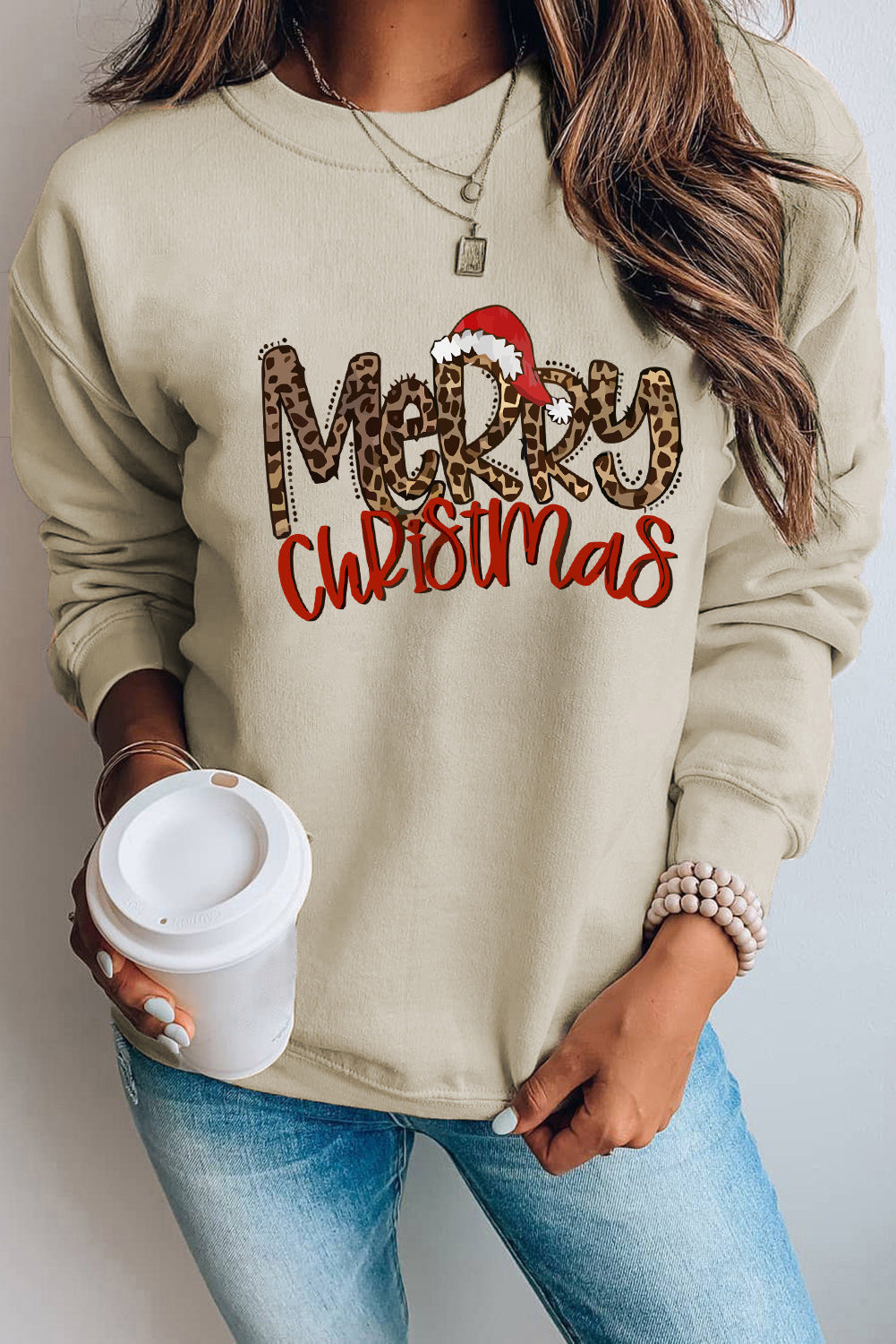Khaki Merry Christmas Hat Leopard Print Graphic Sweatshirt