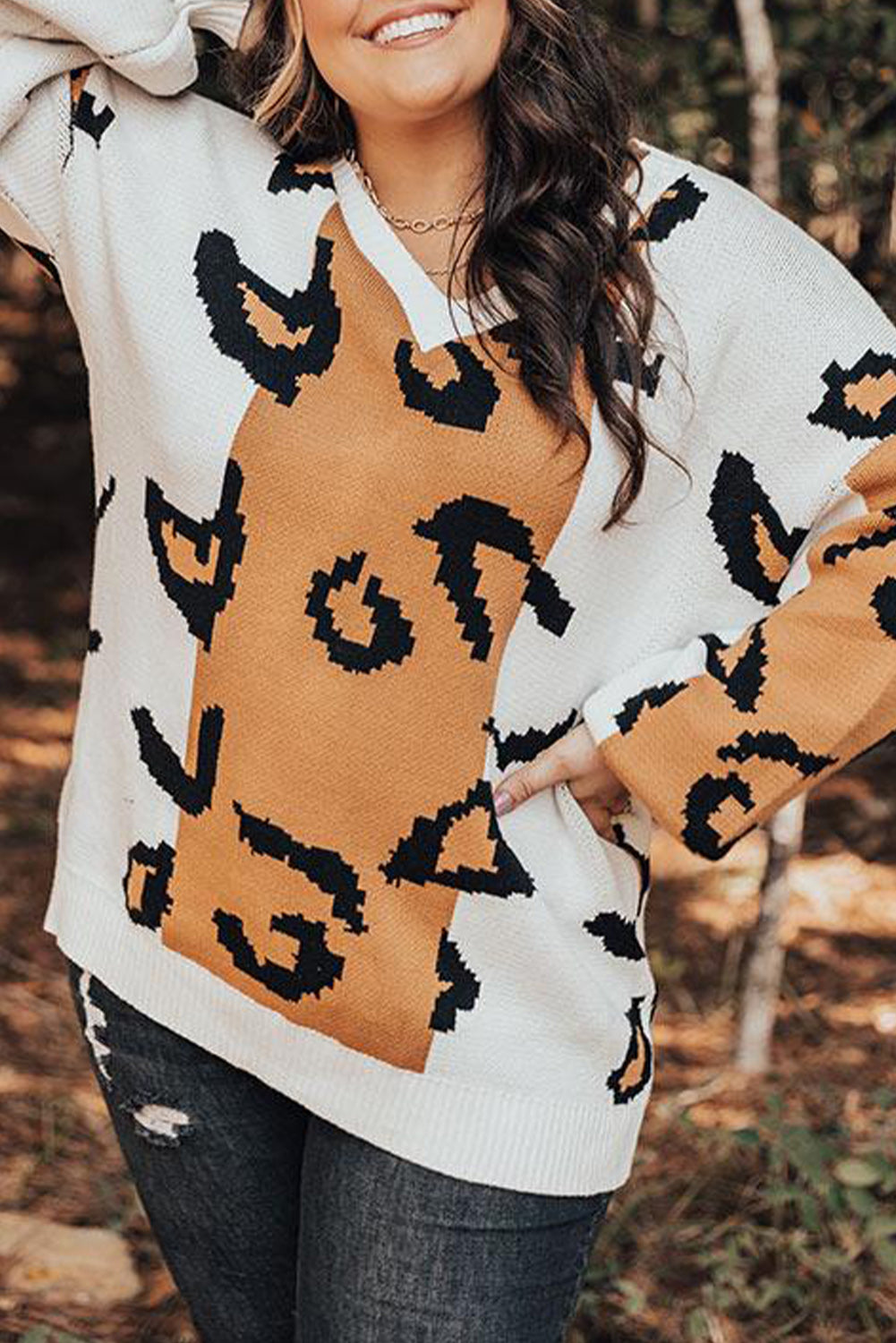 Orange Leopard Print Colorblock Drop Shoulder Plus Size Sweater