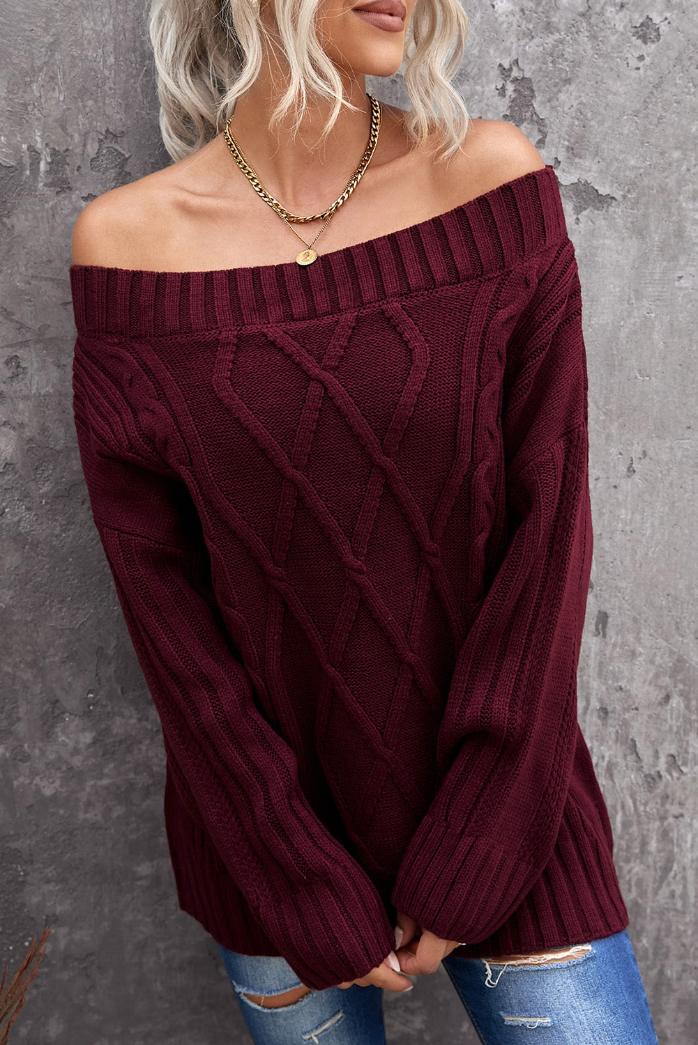 Wine Off The Shoulder Winter Sweater