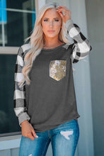 Load image into Gallery viewer, Plaid Splicing Sequined Pocket Long Sleeve Top
