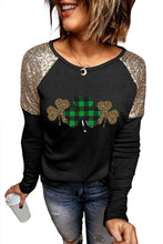Load image into Gallery viewer, Plaid Leopard Clover Print Sequin Patchwork Long Sleeve Top

