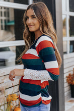 Load image into Gallery viewer, Green Striped Lace Splicing Long Sleeve Top
