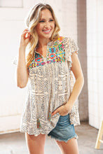 Load image into Gallery viewer, Beige Geometric Embroidered Spotted Print Tassel V Neck Blouse
