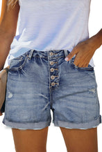 Load image into Gallery viewer, High Rise Button Fly Distressed Denim Shorts
