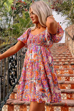 Load image into Gallery viewer, Multicolor Boho Print Smocked Ruffled Puff Sleeve Mini Dress
