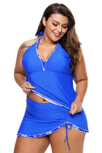 Load image into Gallery viewer, Contrast Trim Royal Blue Halter Tankini Skort Swimsuit
