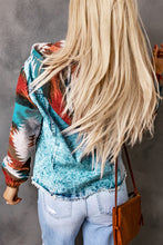 Load image into Gallery viewer, Multicolor Aztec Print Frayed Hem Denim Jacket
