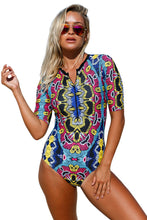 Load image into Gallery viewer, Abstract Print Zip Front Half Sleeve One Piece Swimsuit
