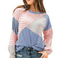 Sky Blue Striped Patchwork Color Block Long Sleeve Top
