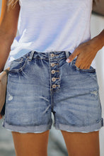 Load image into Gallery viewer, High Rise Button Fly Distressed Denim Shorts
