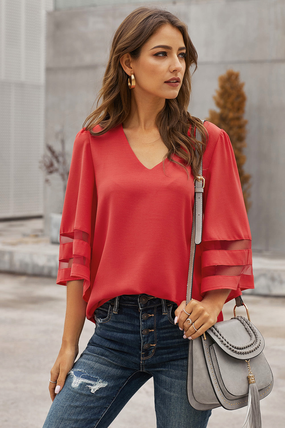 Flare Sleeve V Neck Loose Blouse