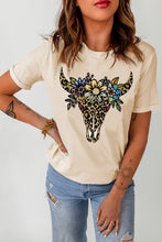 Load image into Gallery viewer, Khaki Leopard Cow Skull Graphic Print T Shirt
