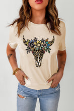 Load image into Gallery viewer, Khaki Leopard Cow Skull Graphic Print T Shirt
