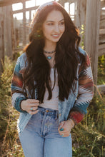 Load image into Gallery viewer, Multicolor Aztec Print Frayed Hem Denim Jacket
