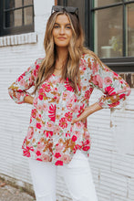 Load image into Gallery viewer, Floral Print Ruched V Neck Babydoll Blouse
